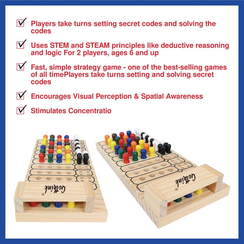 Code Breaker Game - Mastermind Strategy Peg Game, Wooden Brain Puzzle Set for 2 Players, Multi Color, Kids Gift