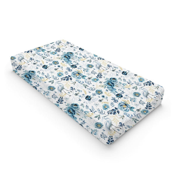 Watercolor Crane Blue Flowers Changing Pad Covers, Birds Boho Retro Floral, Soft Breathable Stretch Baby Mats 32''x16''