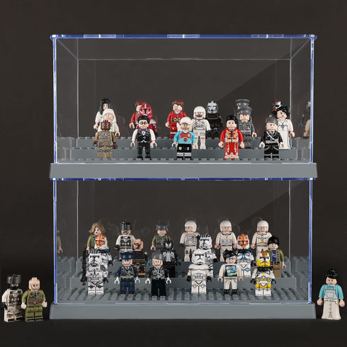 2 Pack Display Case for Minifigure Action Figures, Acrylic Storage Box with 3 Movable Steps for Kids Adults