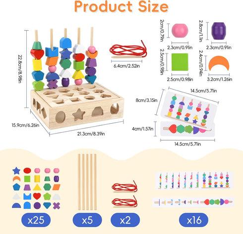 Montessori Educational Wooden Toys for Toddlers 3-5, Lacing Beads & Stacking Blocks, Shape Sorting Present with Storage