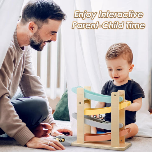 1 2 4 4 1-3 Joyreal Montessori Toddler Toys for Year Old - Level All-Wooden Car Ramp Racer Toys with Mini Cars