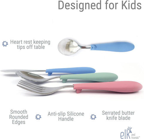 Elk and Friends Kids Silverware with Silicone Handle, Childrens Safe Flatware, Spoon + Fork + Knife Set, 6 Pieces, 4
