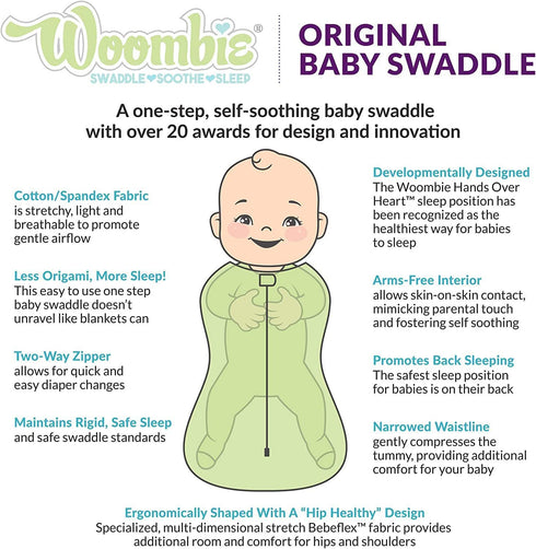 Woombie 5-13 lbs Original Baby Swaddling Blanket - Soothing, Cotton Baby Swaddle with Zipper - Wearable Newborn