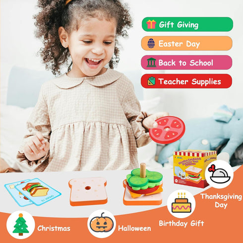 3 4 5 Wooden Sandwich Stacking Toys, Montessori Toys for Toddlers Kitchen Play Food Educational Preschool Learning Toys