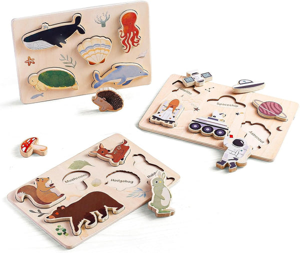 3 Packs Space Ocean Forest Wooden Chunky Puzzles - Educational Toys for Toddlers with Perfectly Fitting Pieces