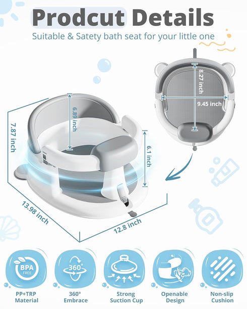 3 (6-24 ONTHEWEI Baby Bath Seats for Babies Sitting Up, Non-Slip Baby Bathtub with Suction Cups, Safe & Comfortable