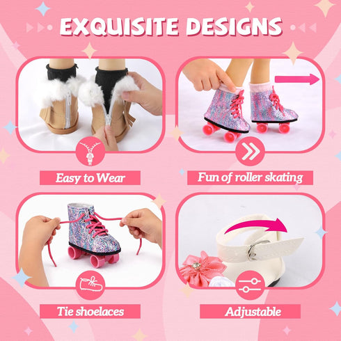 QSKJJI 18 inch 5 Shoes+2 18 Doll Accessories, Pairs of Doll Socks Doll Shoes Includes Snow Boots/Roller