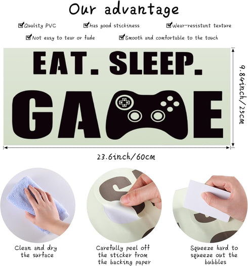 Eat Sleep Game Wall Decal for Boys Room, Video Game Decor with Gaming Controller Stickers, Classic Style