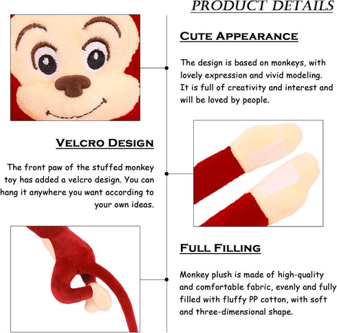 27.6" Hanging Monkey Stuffed Animals Plush Toy for Kids and Adults, Red