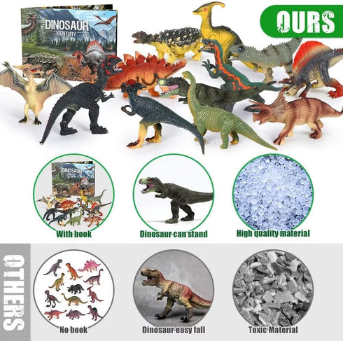 FRUSE Jurassic Dinosaur Toys - 12 PCS Realistic Jumbo Dinosaur Figurines with Educational Dino Book for Kids 3-5