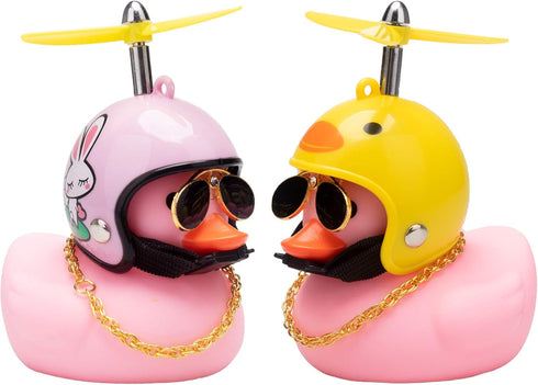 wonuu Pink Duck Car Dashboard Decorations Rubber Duck Car Ornaments with Propeller Helmet Sunglasses Gold Chain