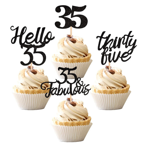 24 PCS 35th Birthday Cupcake Toppers, Hello 35 Cake Topper Thirty Five & Fabulous Cupcake Picks Decorations