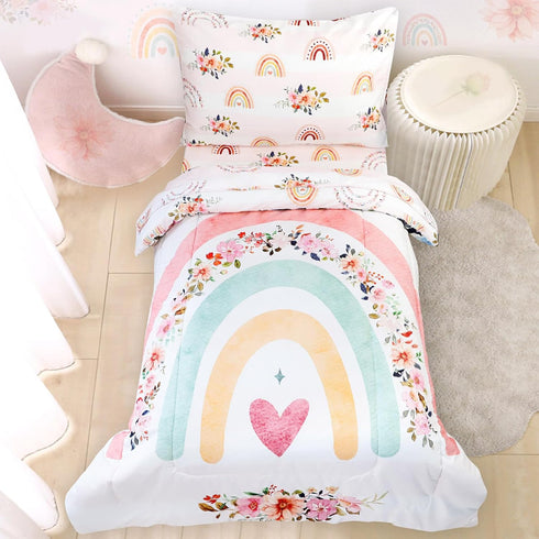 Toddler Bedding Sets for Girls, Rainbow Toddler Crib Bedding Set 4 Piece