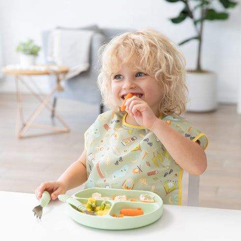 Bumkins Toddler and Baby Suction Plate, Divided Grip Dish for Babies and Kids, Baby Led Weaning, Feeding Supplies, Sticks to Tables and Highchairs, Platinum Silicone, for Chidren 6 Months, Sage by Bumkins