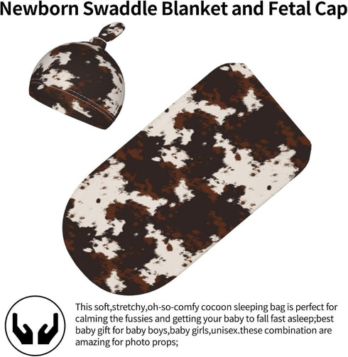 Valvphora Brown Cow Print Swaddle Blanket with Hat Receiving Blanket, Western Highland Cow Baby Items Stuff for Girls