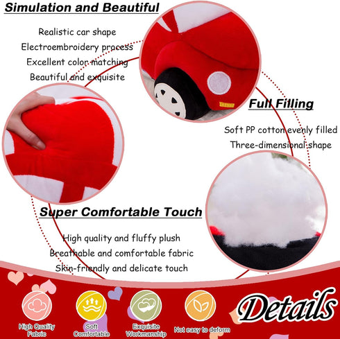 Plush Red Stuffed Car Shaped Pillow - Cute Toy Decor Gifts for Kids, 11.8 Inch
