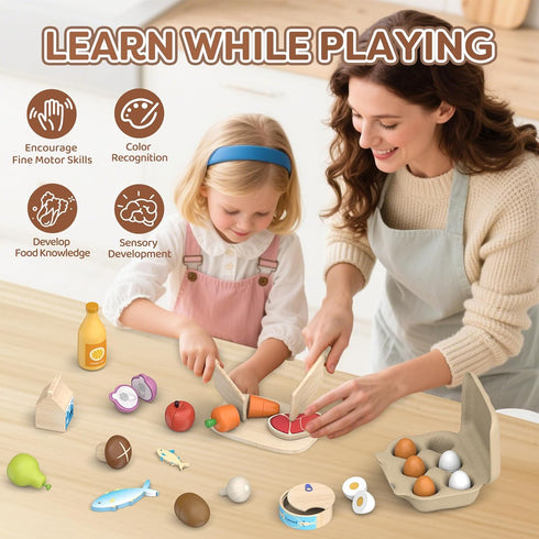 Set 3 Wooden Play Food Toys for Kids - Pretend Play Kitchen Accessories Toy for Toddlers, Cutting Fruits Vegetables
