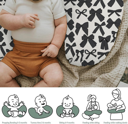 Black Bows Baby Nursing Pillow Covers for Girl Boy Valentine Bows Nursery Feeding Pillowcase for Breastfeeding Pillows