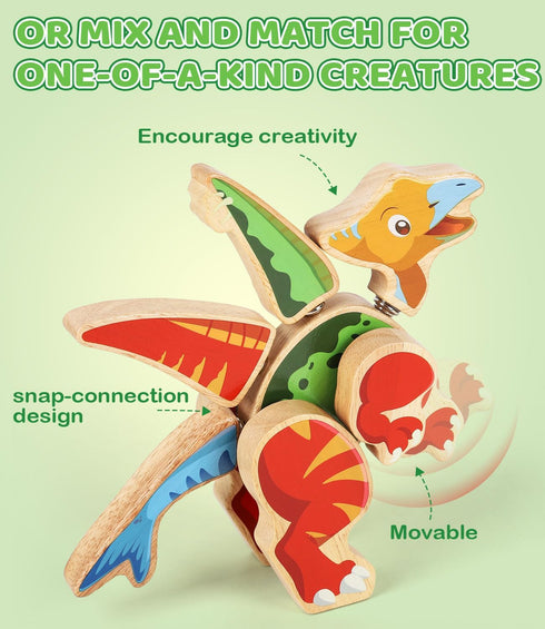 Playset, 3 4 5 6+ Dinosaur Wooden Toys,Snap on Dino Together Building Blocks,Take Apart STEM Montessori Educational