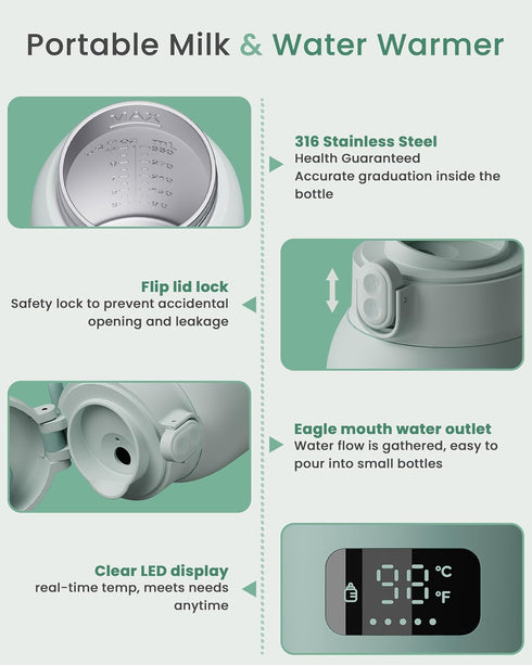 17 Portable Bottle Warmer Extended Battery Life - Dual Heating Modes for Breast Milk & Water, Ounces, Fast Heating