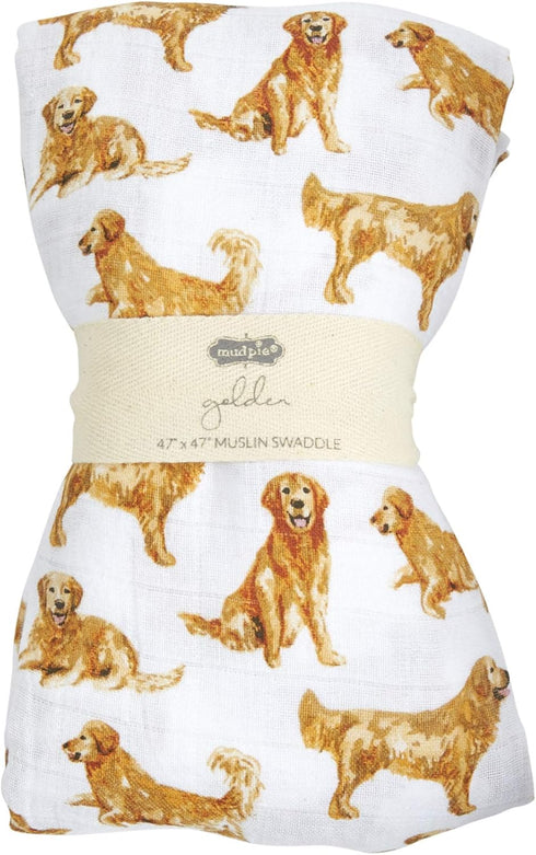 Mud Pie Golden Retriever Print Muslin Baby Swaddle Blanket, 47" x 47"