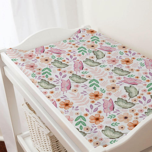 Colorful Flowers Leaves Butterflies Changing Pad Covers for Boy Girl, 32''x16'' Spring Boho Floral Unisex Fitted Mats