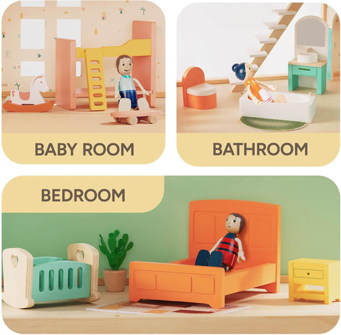 Giant Wooden Dollhouse Furniture Set, 26 Pcs for Kitchen, Living Room, Bedroom, Bathroom, Babyroom, Candy Accessories
