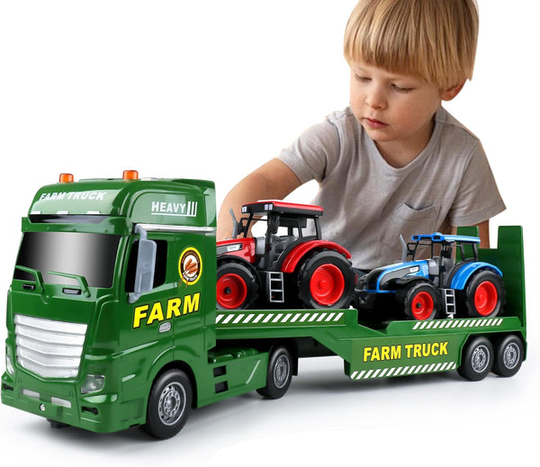 Dwi Dowellin Large Flatbed Semi Truck Toy for Kids,Includes Farm Vehicles,Car Toy