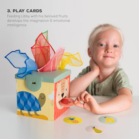 Taf Toys Sensory Baby Tissue Box - Montessori Square Sensory Toys with Colorful Pull Scarves, Play Balls, and Cards.