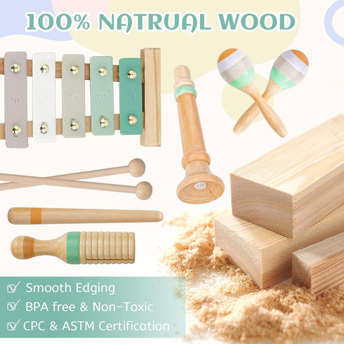 Raimy Musical Instruments Set - Neutral Colors Wooden Montessori Toys, Modern Boho Xylophone for Kids