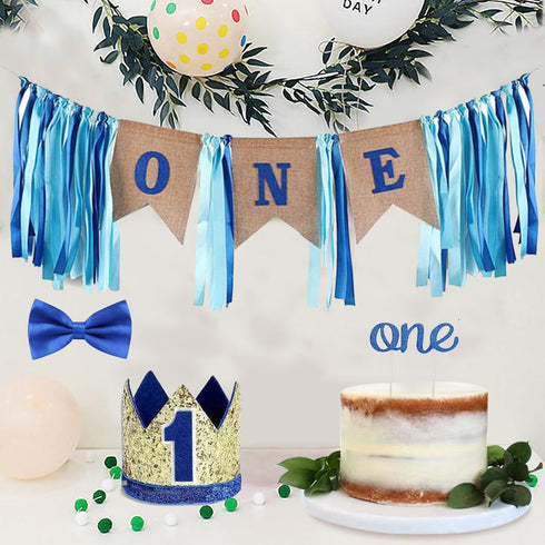 Burlap Baby Boy's 1st Birthday Decoration - Handmade Crown, High Chair Banner, Cake Topper, Tie