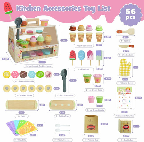 2 1 Set (63pcs), Counter 3+ SIMPLIPLAY in Portable Wooden Ice Cream Toy & Cookie Play Slice and Bake Cookies, Scoop