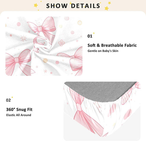 CZXW 52" 28" Pink Bows Polka Dots Crib Sheets Fitted x Natural Cotton Soft & Breathable for Baby Crib Mattress