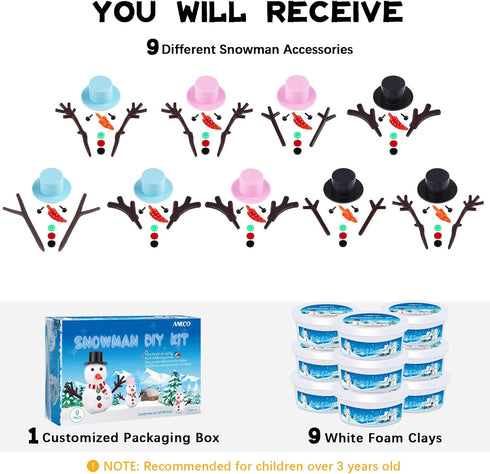 Aneco 9 Pack Christmas Snowman DIY Craft Kit Build Snowman Decorating Kit Modeling Clay Snowman Making Kit Holiday Gift Winter Toys for Xmas Party Home Supplies by Aneco