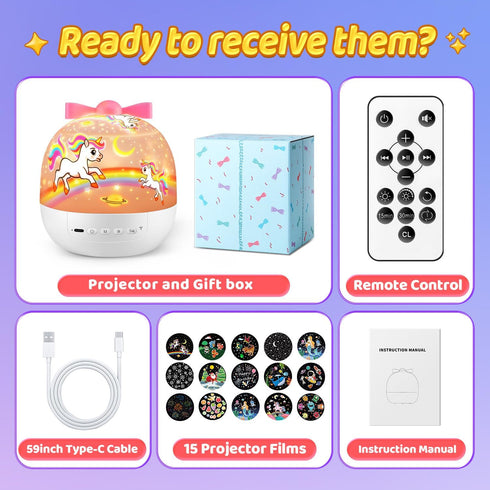 15 Films+15 360 Pikoy Unicorn Toys for Girls Gifts, Lullaby Sound Machine for Kids Night Light Projector