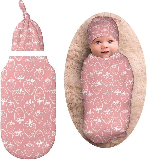 Cute Pink Strawberry Newborn Baby Swaddle Blanket with Beanie Hat, Gifts for Boys and Girls
