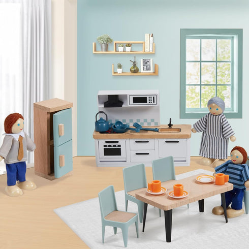 36pcs Wooden Dollhouse Furniture Set with 4 Family Dolls - Blue Dollhouse Accessories for Pretend Play Toys