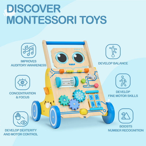 Monlaeurd Robot Wooden Baby Walker, Adjustable Push Pull Toy, Montessori Activity Center, Learning Activity Walker