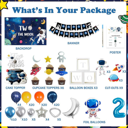 Fiesec 130 Two the Moon Birthday Boy PCs Outer Space Second Birthday Party Supplies with Backdrop, Cake Topper