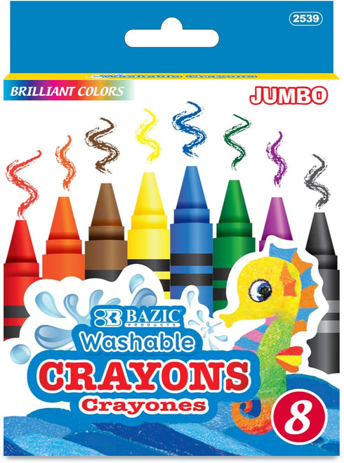 BAZIC 8 Color Washable Premium Jumbo Crayons, Coloring Set, School Art Creative
