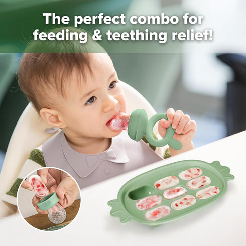 Haakaa Baby Fruit Food Feeder & Silicone Freezer Nibble Tray Combo - Breastmilk Popsicle Mold for Baby Cooling Relief