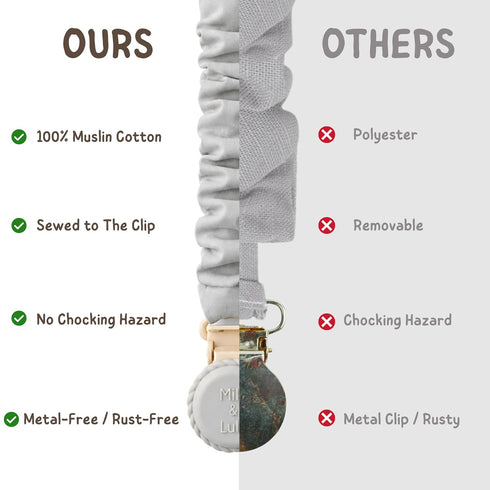 Muslin Cotton Pacifier Clips - Metal-Free, Lightweight and Secure Pacifier Holder for Babies (Cloud Rve) - Mila & Lulu