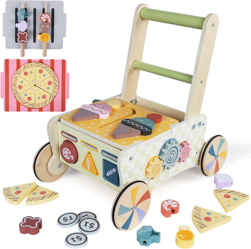 Wooden Baby Walker with Wheels, Montessori Kitchen Walking Toys, Pretend Play Grocery Toys, Sorting and Stacking Toys