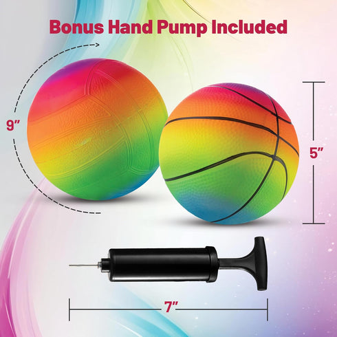 Mini Rainbow Sports Balls - 5 Inch (Pack of 4) Inflatable Vinyl Balls for Kids with Hand Air Pump for Indoor and