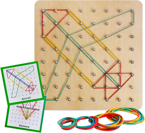 Wooden Geoboard with Rubber Bands, Montessori Educational Toy for Kids, Graphical Math Pattern Blocks & Cards