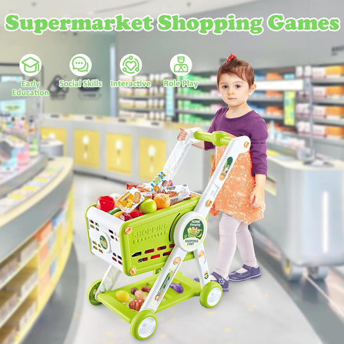 31PCS 3+ Supermarket Shopping Cart for Kids, Shopping Trolley Cart Toy with Play Food Shop Accessories, Pretend Play
