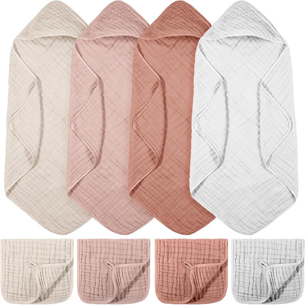 VitalCozy 8 Pcs Baby Muslin Hooded Bath Towels and Washcloths, Muslin Hooded