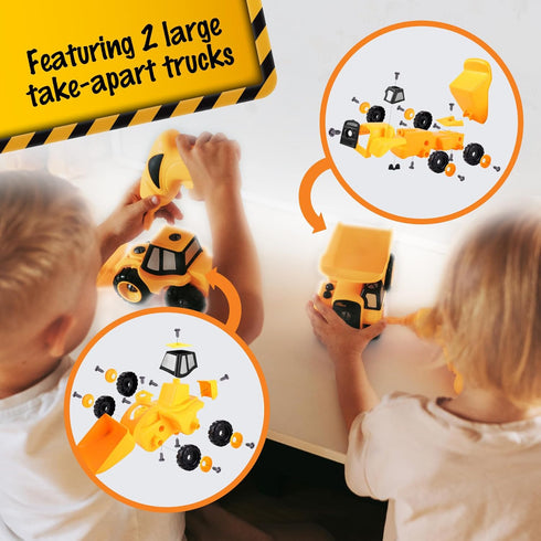 Toddler Workbench and Tool Set with 2 Take Apart Trucks, 2 in 1 Construction Toy for Ages 2-5