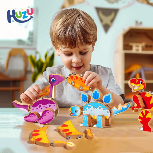 HUZU 3-5, 5-8, Dinosaur Building Blocks, Wooden Dino Snap Blocks, Snap Dinosaur Toys for Kids Fine Motor Skills STEM