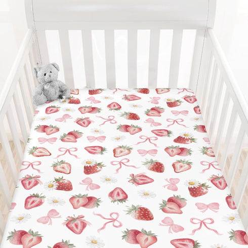 Cstdyfrv 52"x28" Strawberry Pink Bows Floral Baby Crib Sheets Sweet Watercolor Strawberry Daisy Flowers Soft Baby